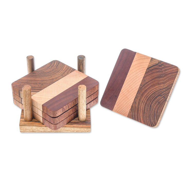 Wood Square 4 Piece Coaster Set With Holder